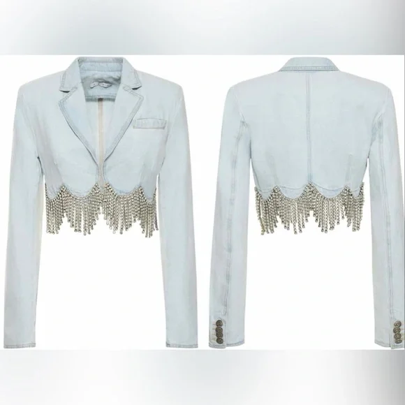 ⚡️⚡️AREA Scalloped Embellished Cropped Denim Jacket in Pale Blue, Size 4,NWT - Picture 5 of 17